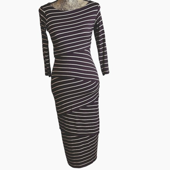 ANTHROPOLOGIE BAILEY 44 Purple Cream Stripe Bodycon Stretch Midi Dress S Knit - Picture 3 of 7